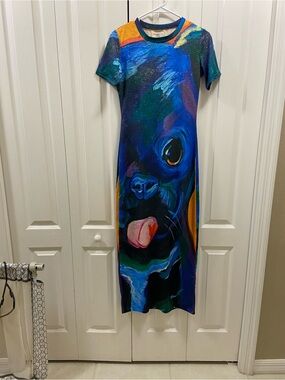 Wearable, art Colorful Abstract Dog Midi Dress - Blue Multi